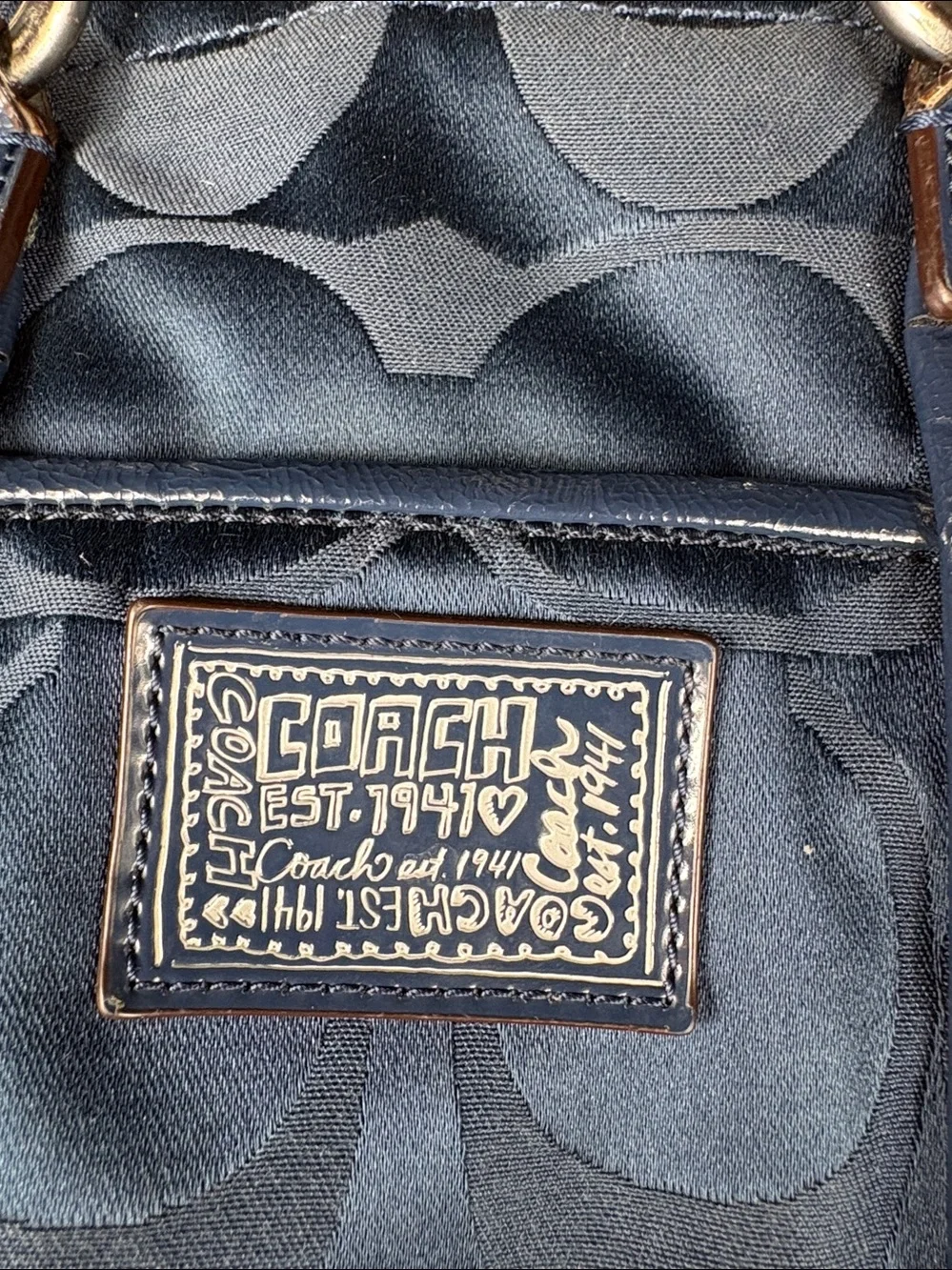 Coach Poppy Signature Sateen Daisy Tote Navy Blue Heart Zipper Charm With Dusty